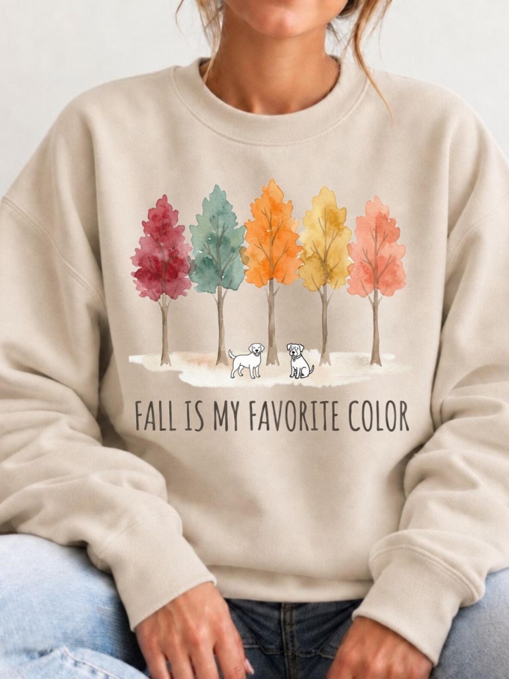 Sand Crewneck Sweatshirt with Watercolor Fall Tree Graphic